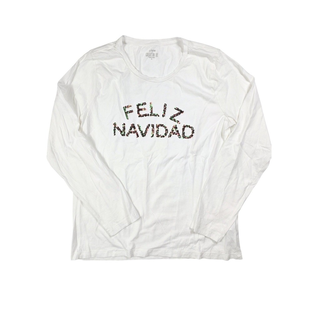J. Crew Collector Tee White "Feliz Navidad" Long Sleeve Shirt‎ Women's Size L